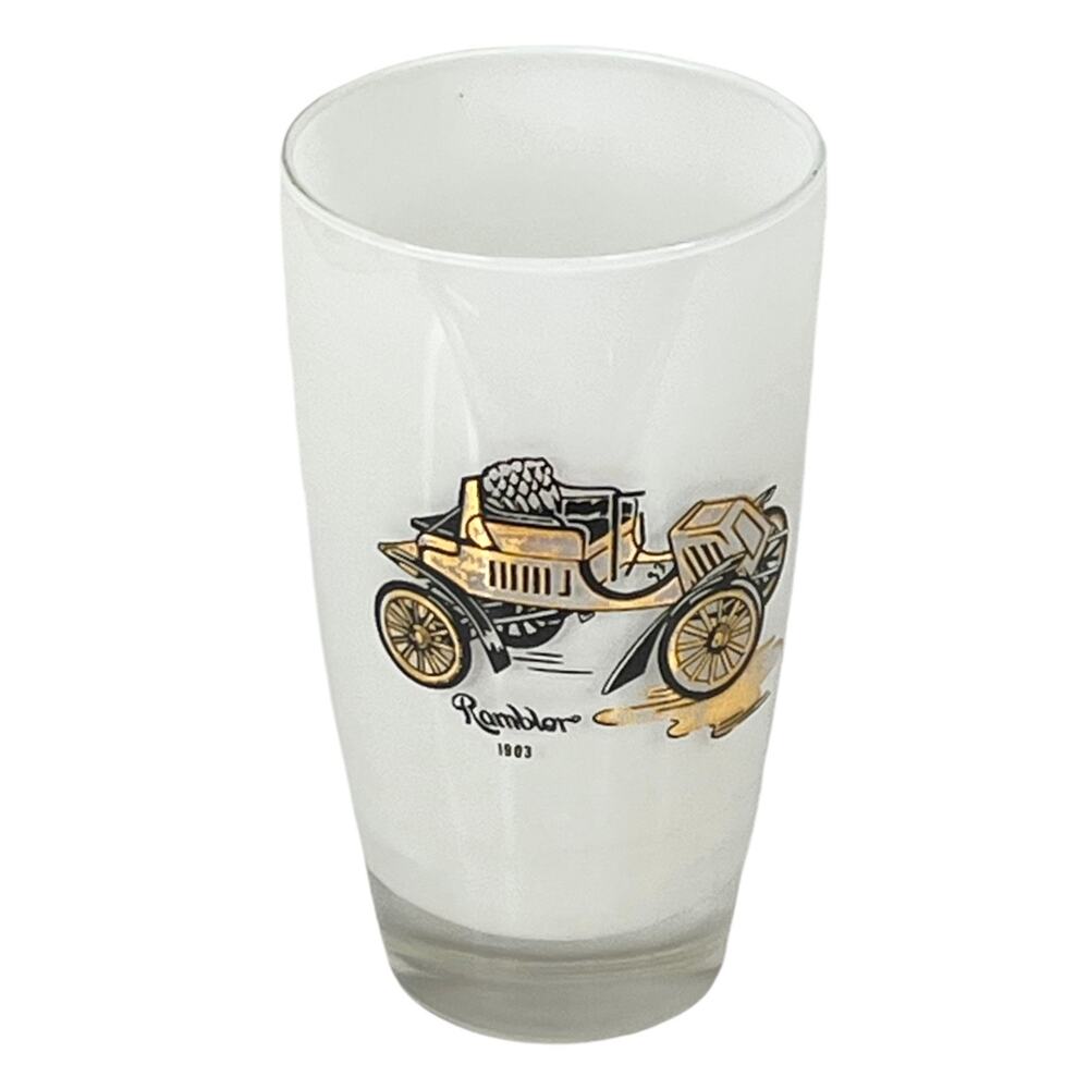 Old Car Highball Tumbler Gold Etched Milk Glass 1903 Classic Car 6" Cup Vtg